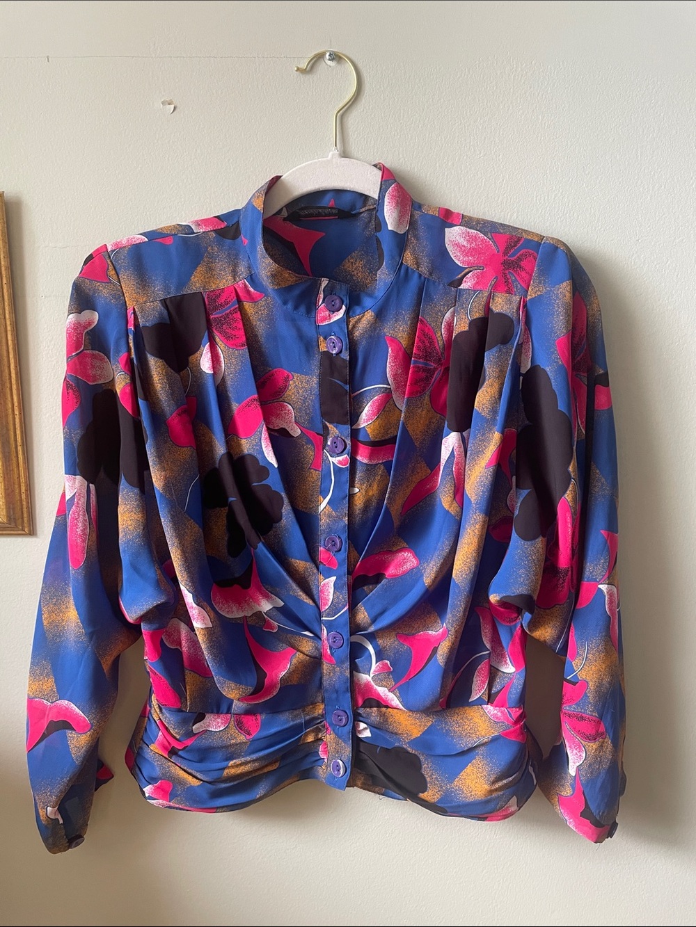 Women’s Blue & Pink Floral Draped Button-Front Blouse